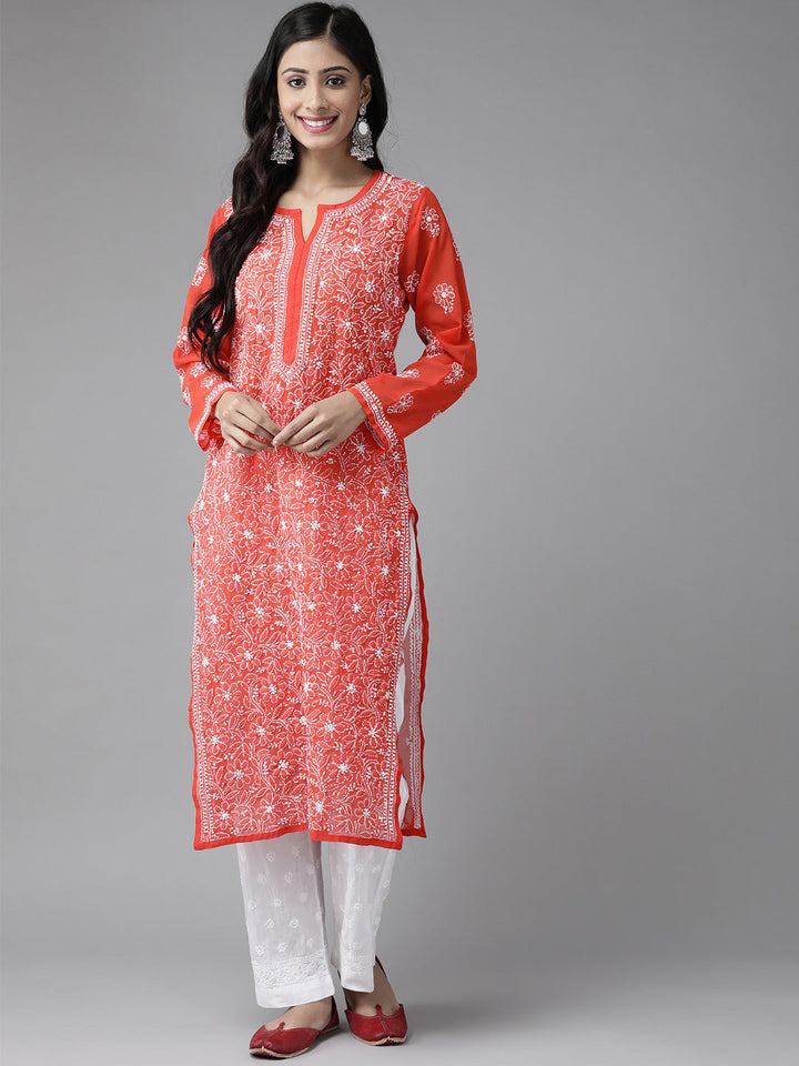 Red Chikankari Kurta with White Palazzos