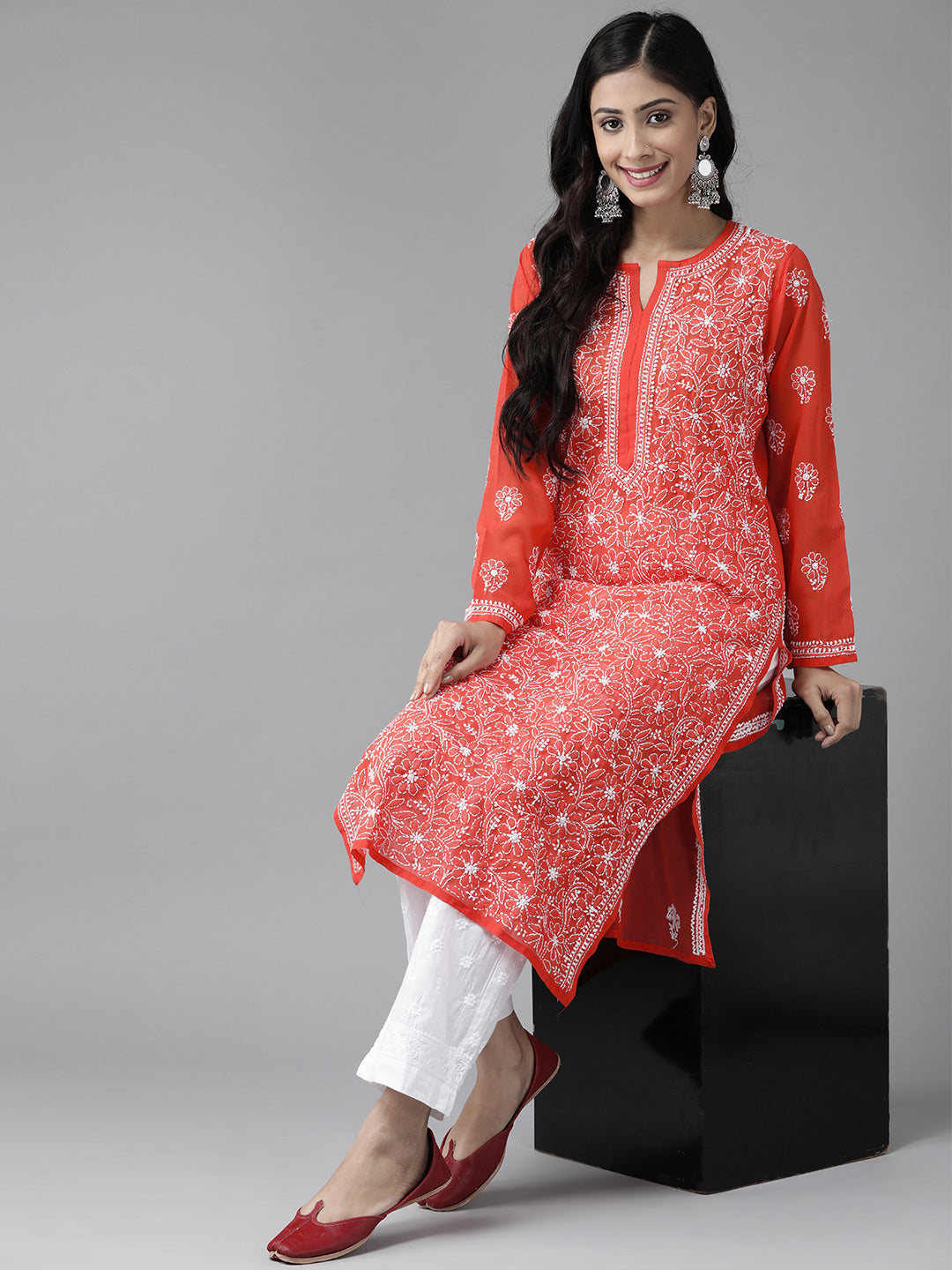 Red Chikankari Kurta with White Palazzos