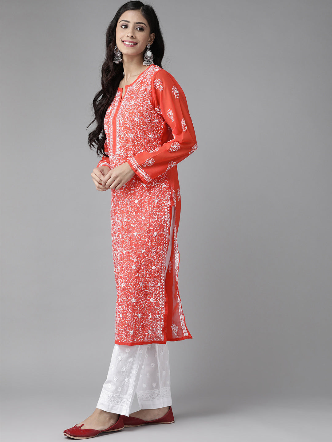 Red Chikankari Kurta with White Palazzos