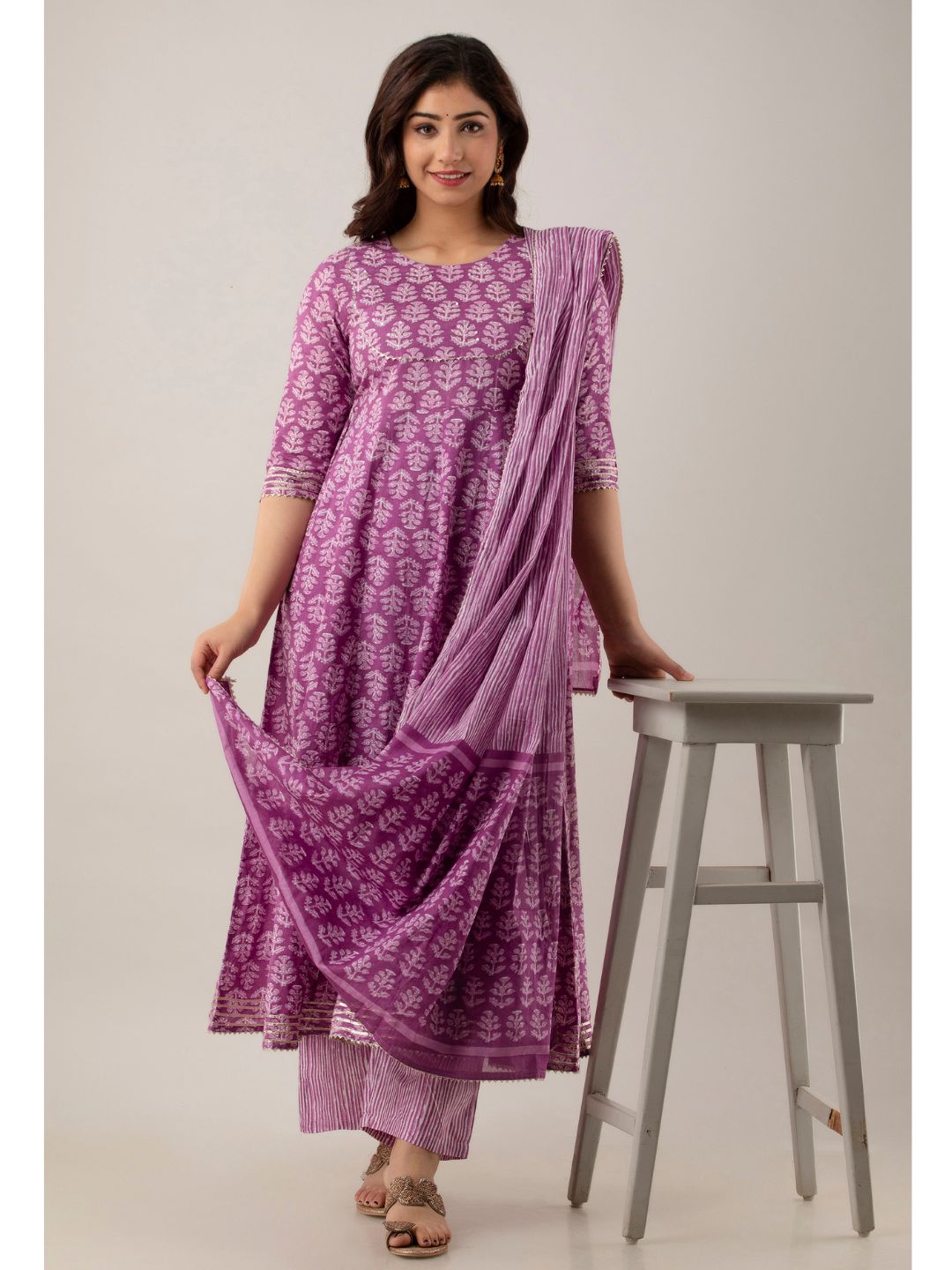 Purple Cotton Anarkali Kurta Set with Dupatta