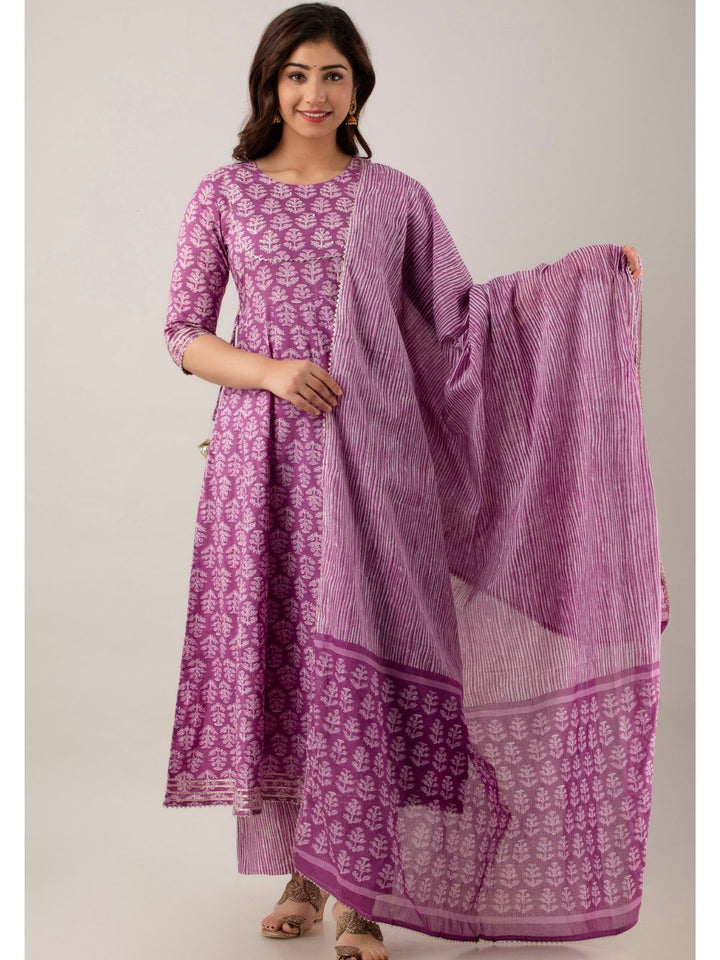 Purple Cotton Anarkali Kurta Set with Dupatta