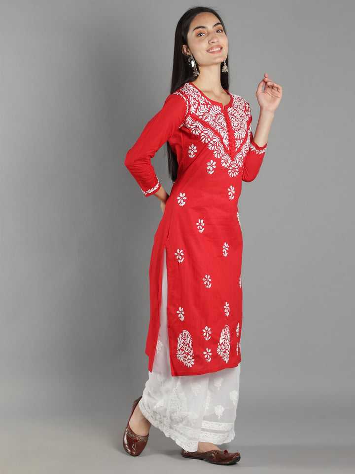 Red-Cotton-Chikan-Kurta-in-White-Embroidery
