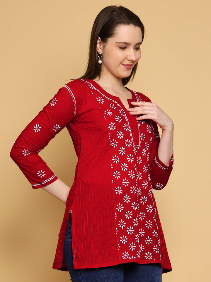 Red Cotton Floral Embroidered Chikankari Side-Pleat Tunic Top