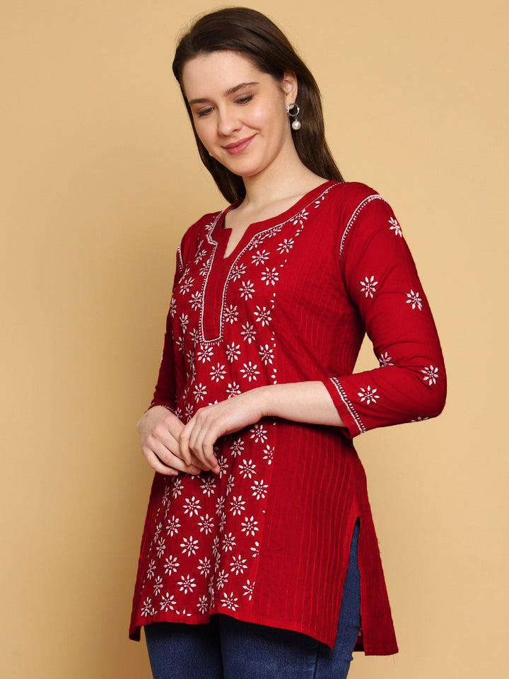 Red Cotton Floral Embroidered Chikankari Side-Pleat Tunic Top