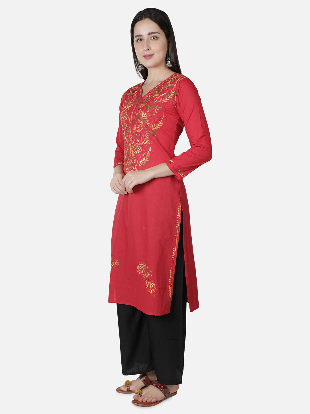 Red Cotton Kurta in Multicolor Chikan Work