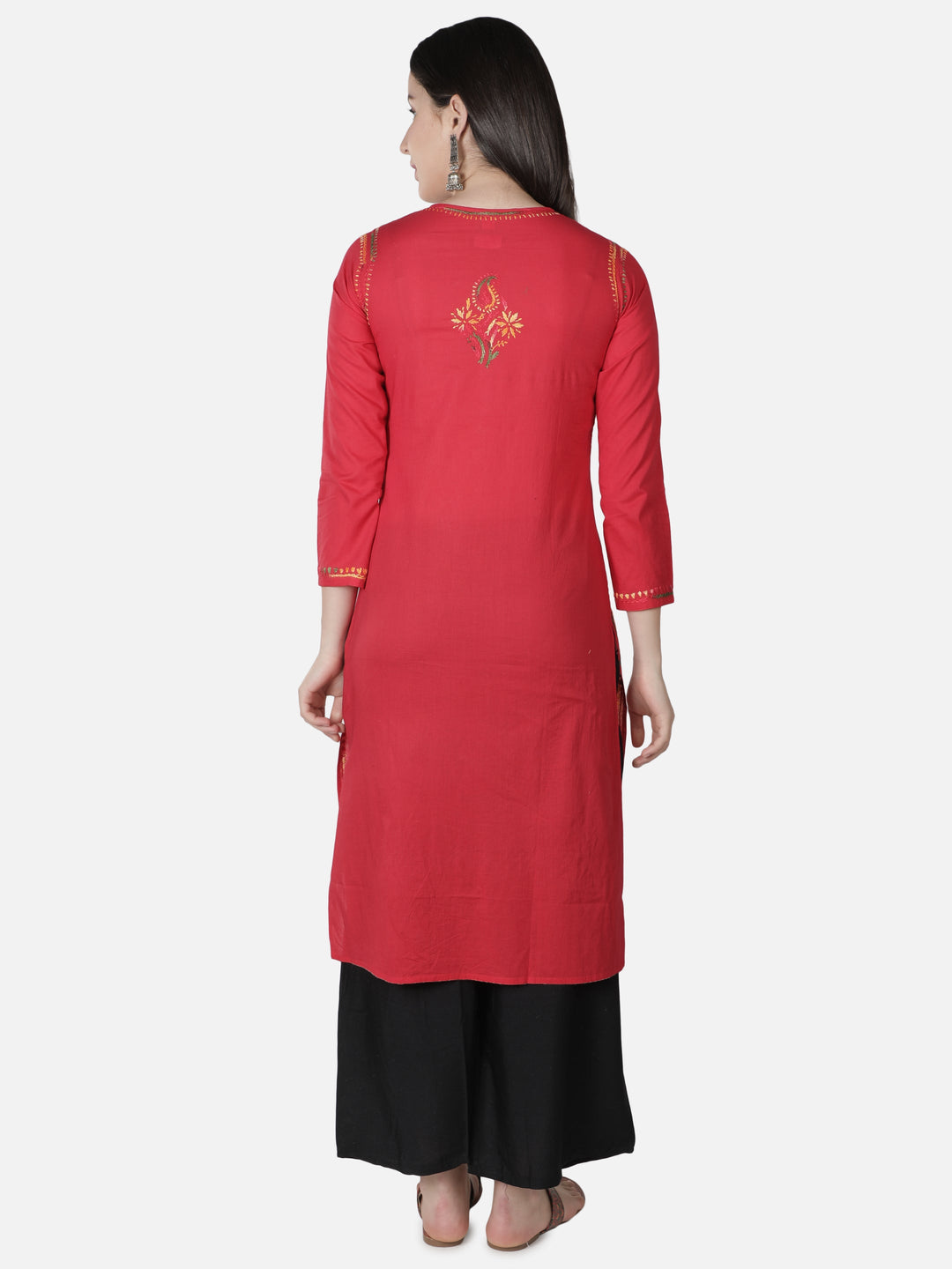 Red Cotton Kurta in Multicolor Chikan Work