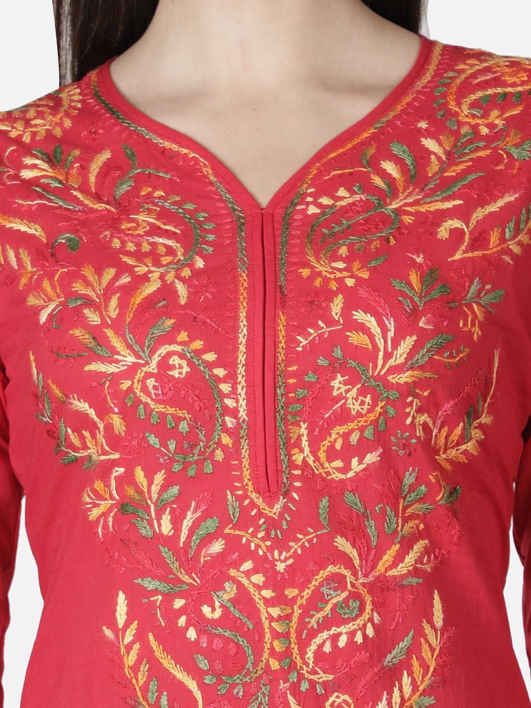 Red Cotton Kurta in Multicolor Chikan Work