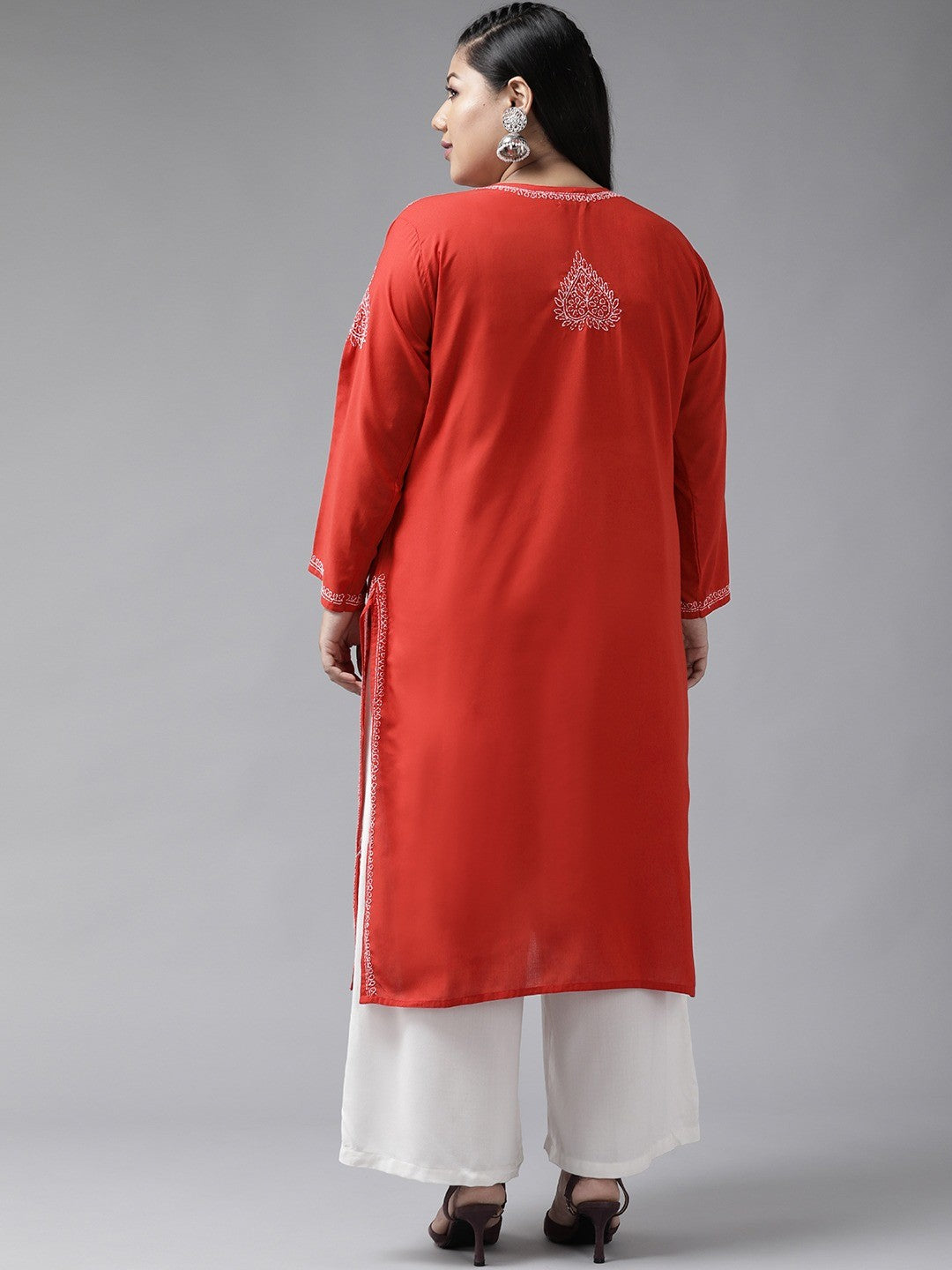 Red Cotton Lucknowi Chikankari Straight Kurta