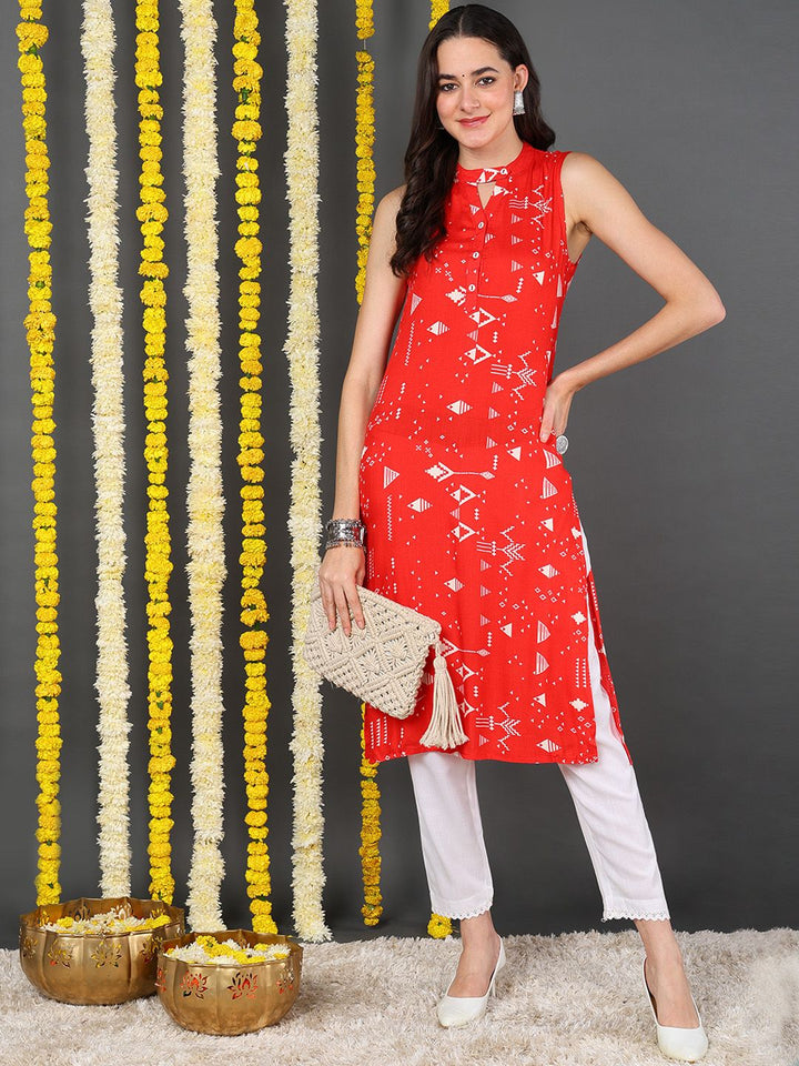 Red Cotton Quirky Printed Straight Kurta