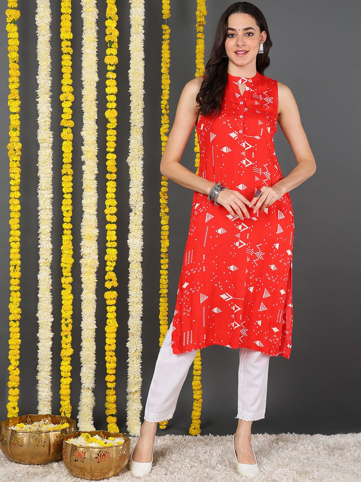 Red Cotton Quirky Printed Straight Kurta