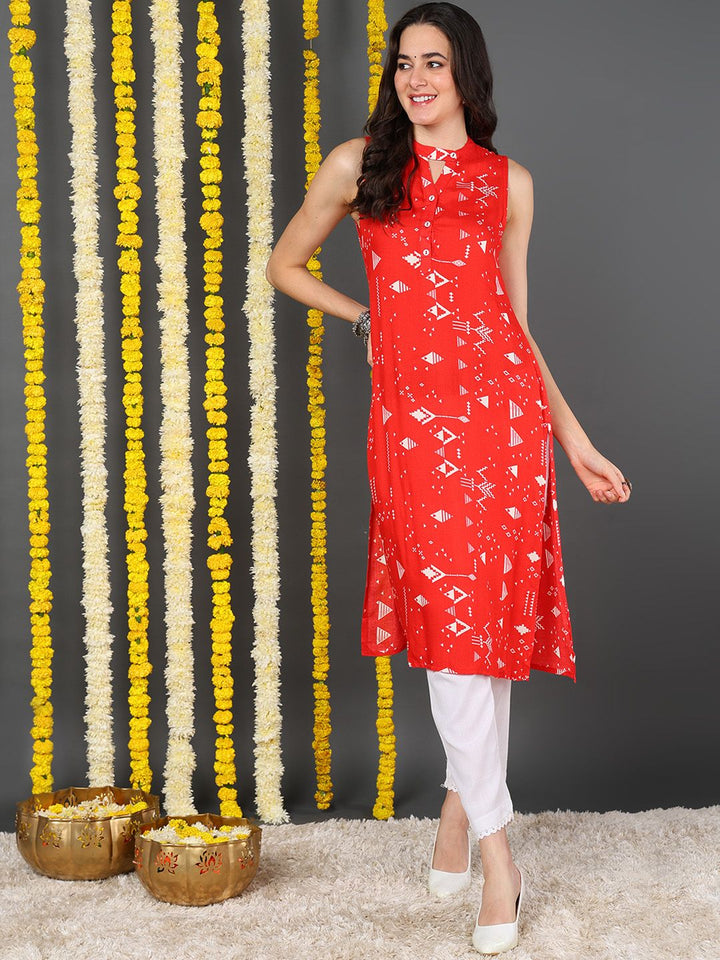 Red Cotton Quirky Printed Straight Kurta