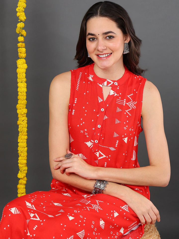 Red Cotton Quirky Printed Straight Kurta