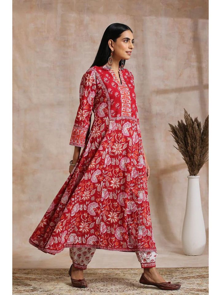 Red Cotton Sanganeri Hand Block A-Line Kurta