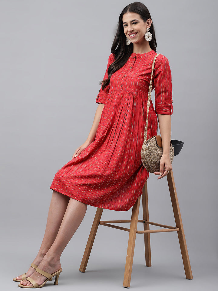 Red Cotton Woven Design Flared Casual Dress