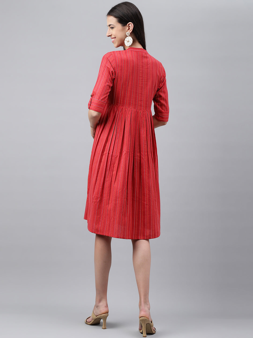 Red Cotton Woven Design Flared Casual Dress