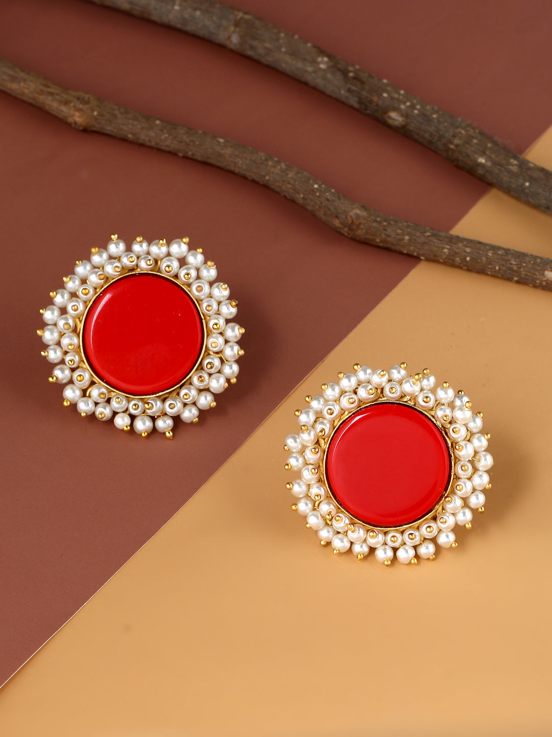 Red Earrings With Pearls & Crystal Stones