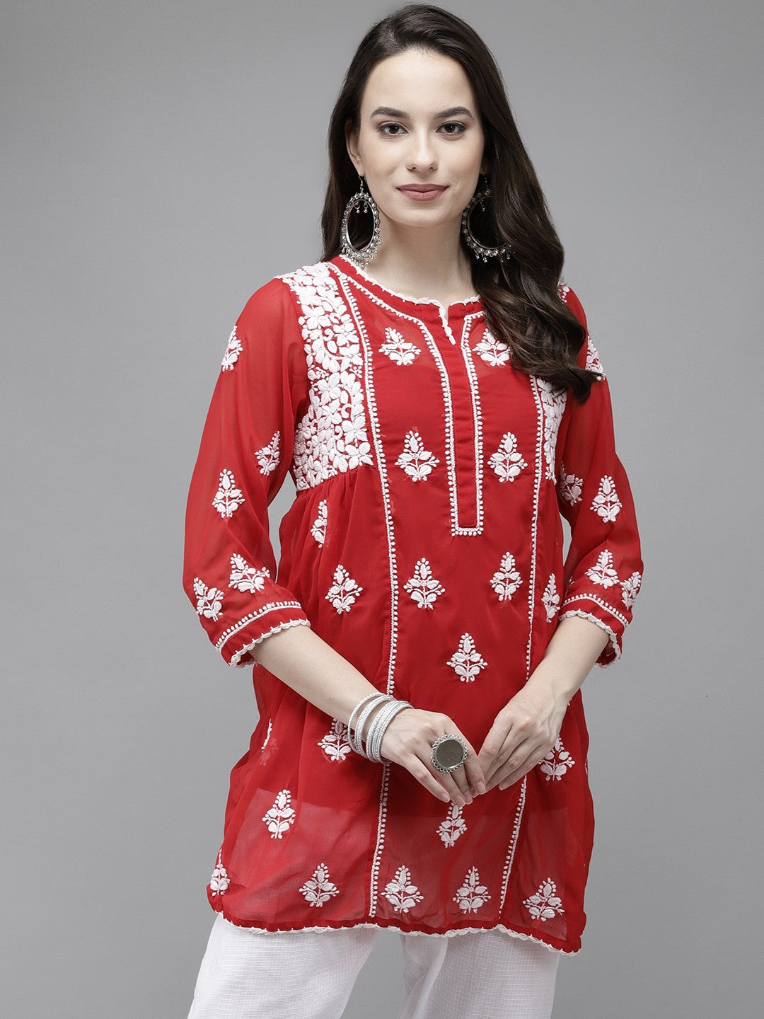 Red-Faux-Georgette-Chikan-Kurti-Only