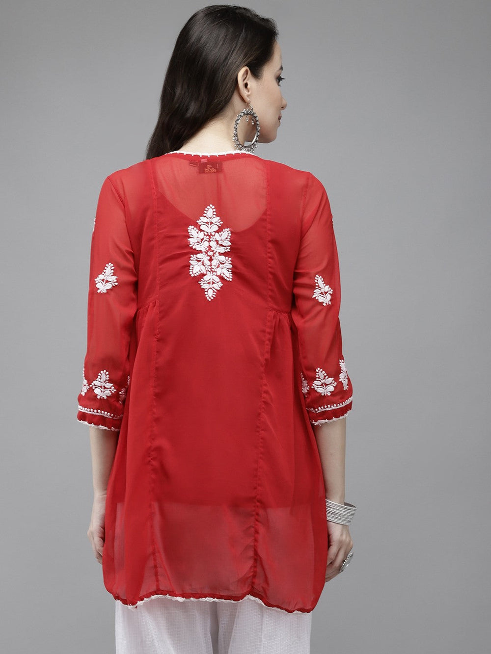 Red-Faux-Georgette-Chikan-Kurti-Only