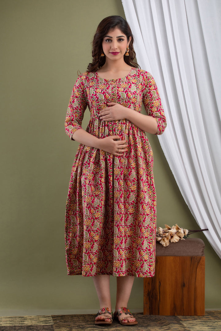 Red-Floral-Paisley-Cotton-Maternity-Dress