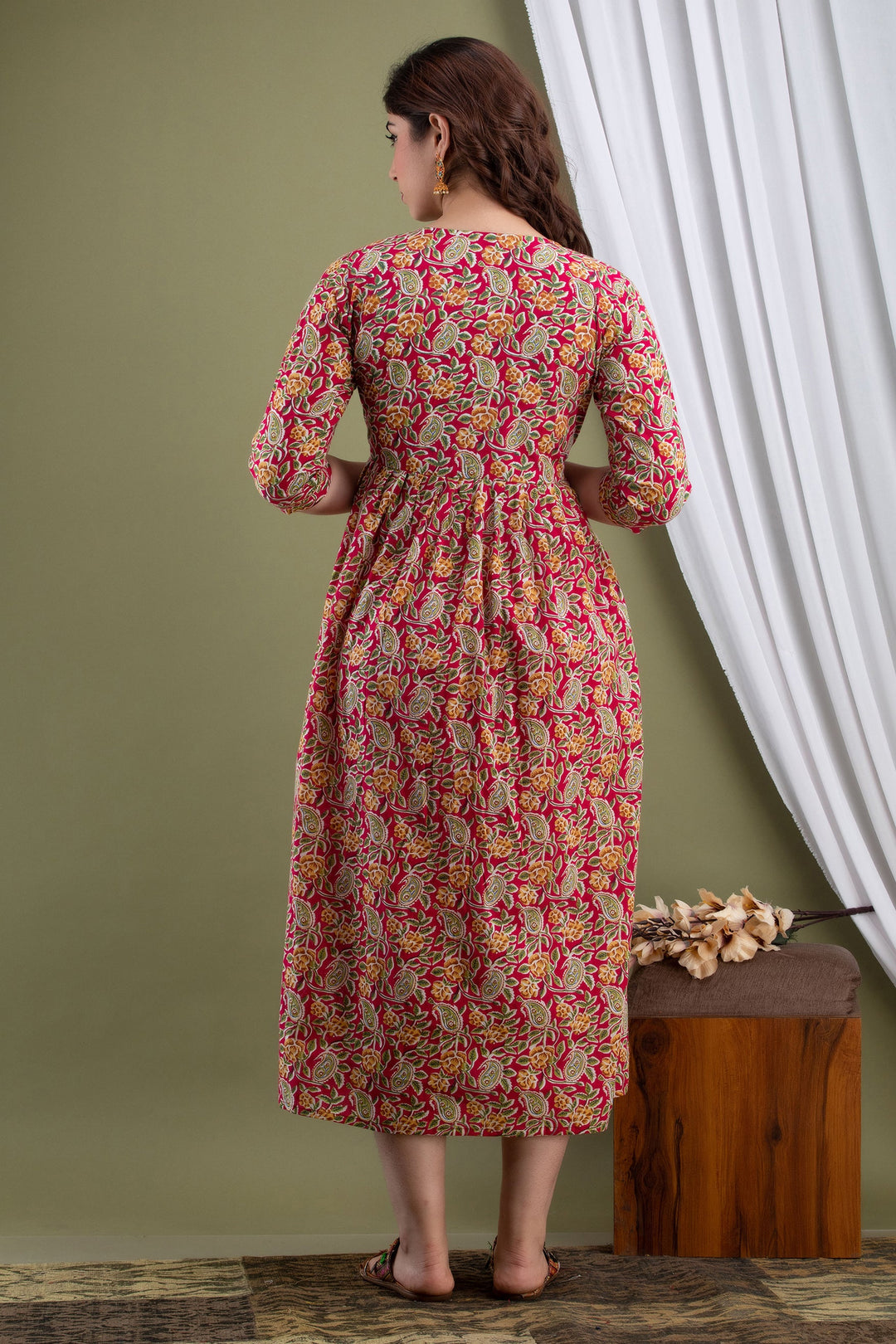 Red-Floral-Paisley-Cotton-Maternity-Dress