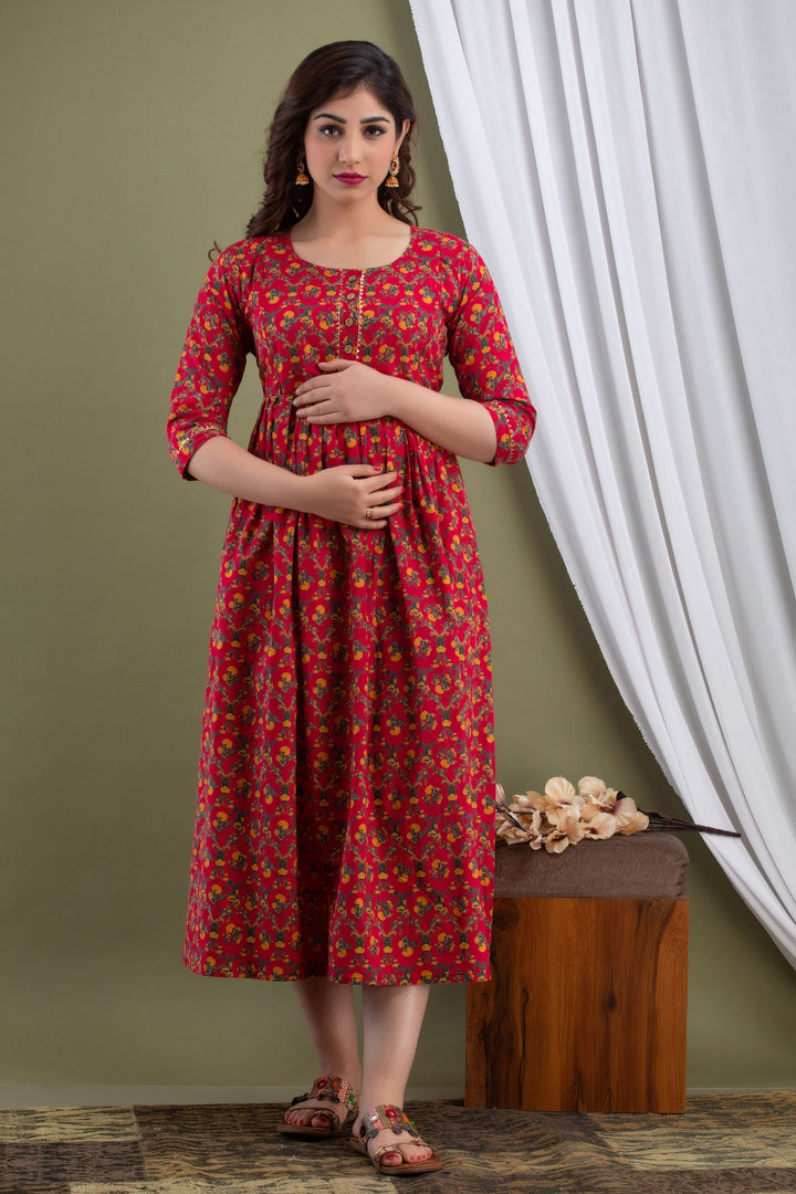 Red-Floral-Print-Maternity-Baby-Feeding-Dress