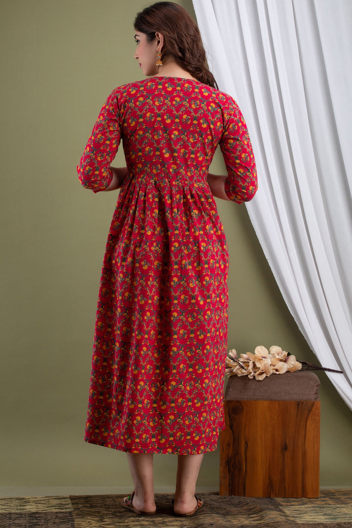 Red-Floral-Print-Maternity-Baby-Feeding-Dress