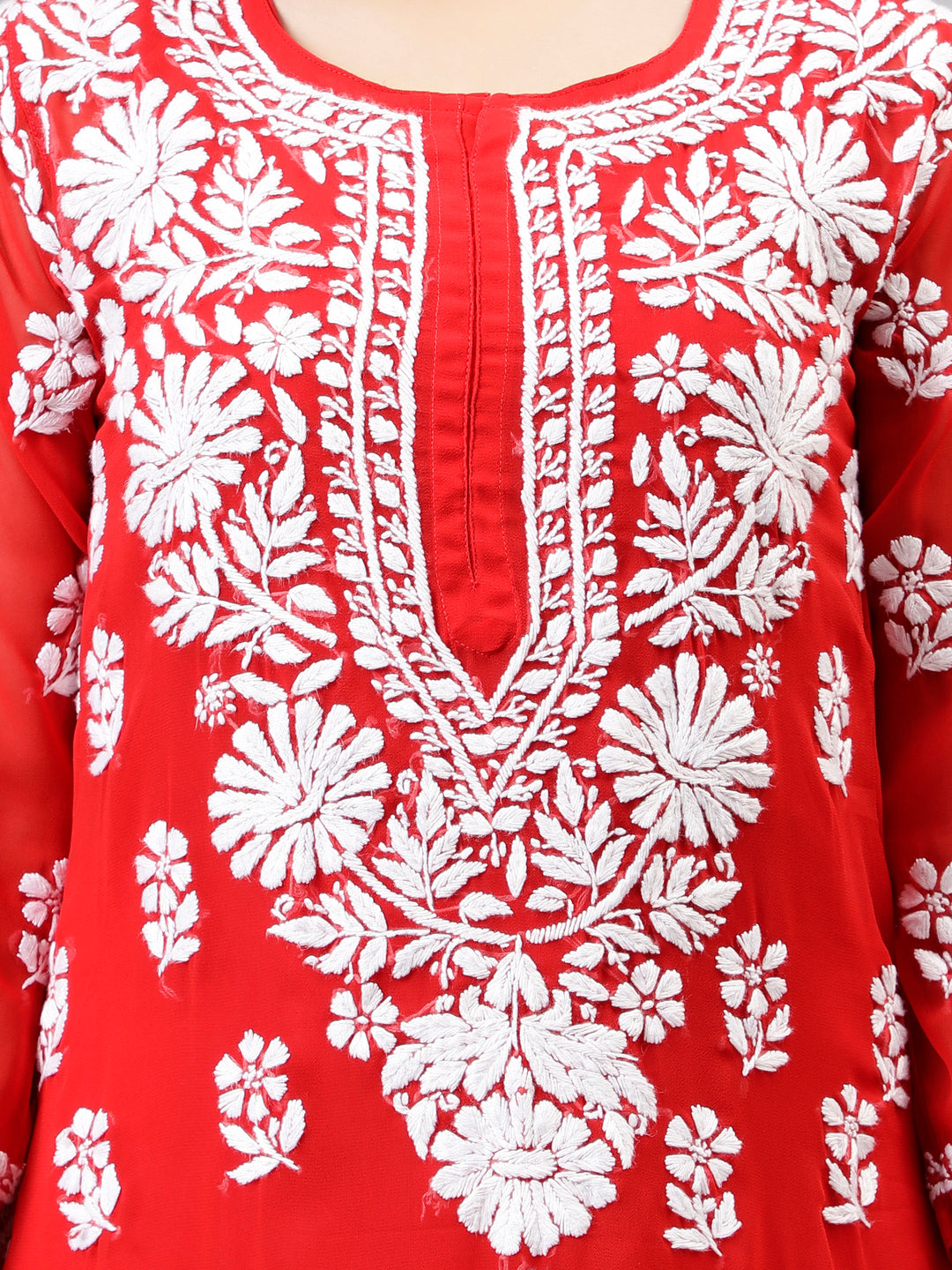 Red-Georgette-Embroidered-Chikankari-Kurti-with-Slip