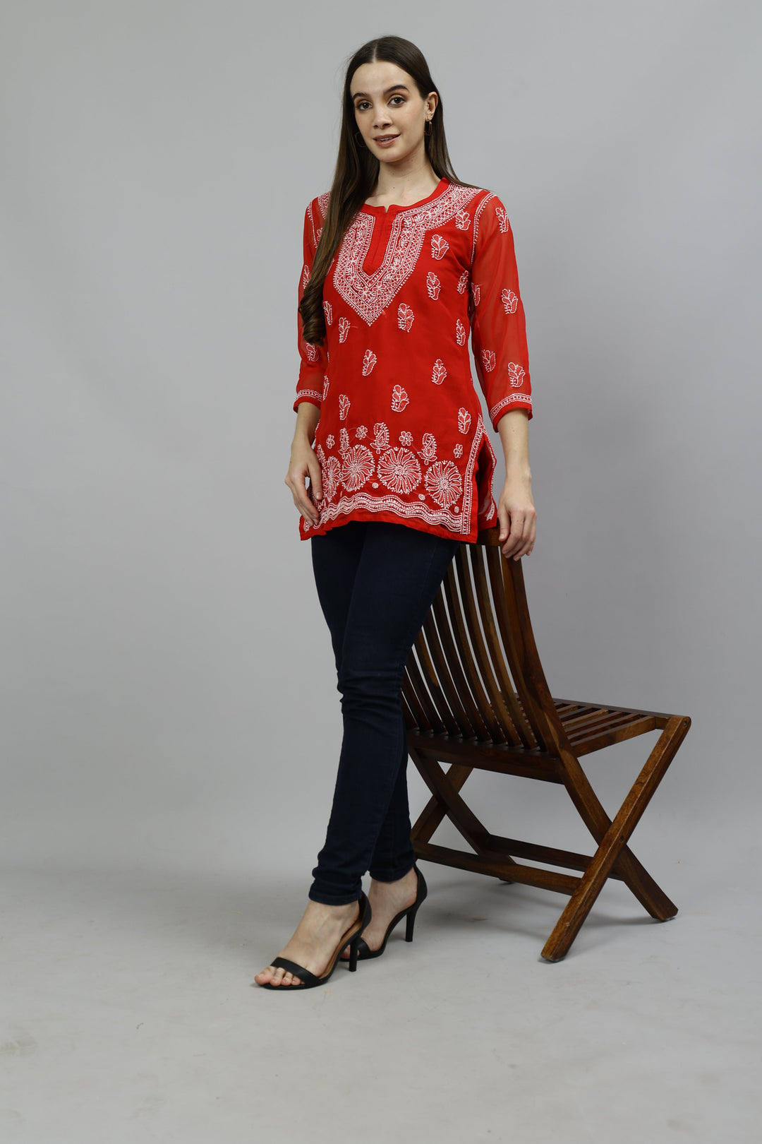 Red Georgette Embroidered Chikankari Short Tunic with Slip