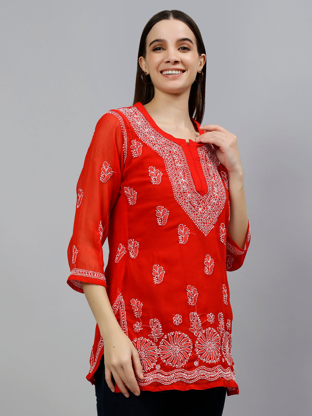 Red Georgette Embroidered Chikankari Short Tunic with Slip