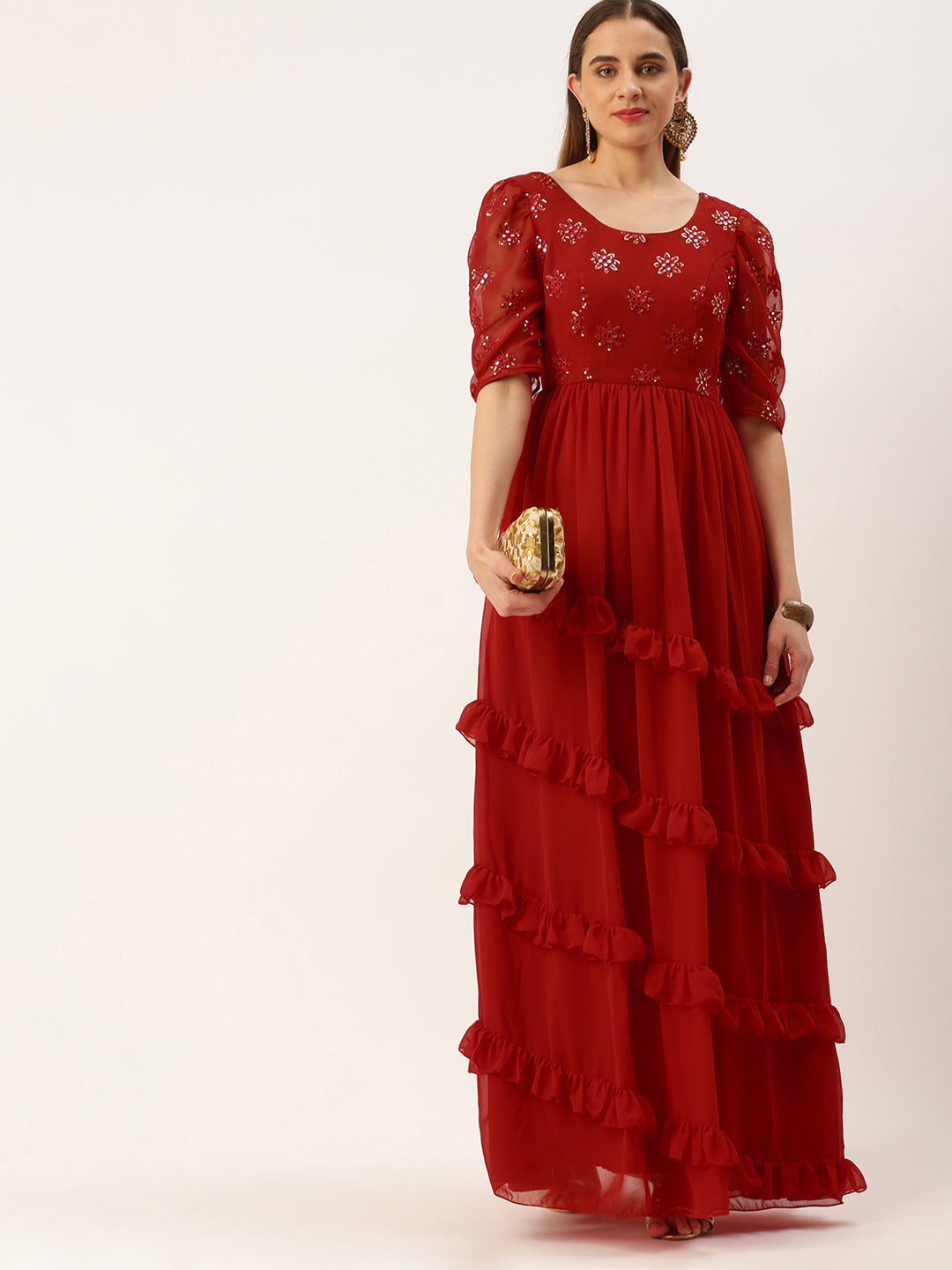 Red Georgette Embroidered Maxi Dress