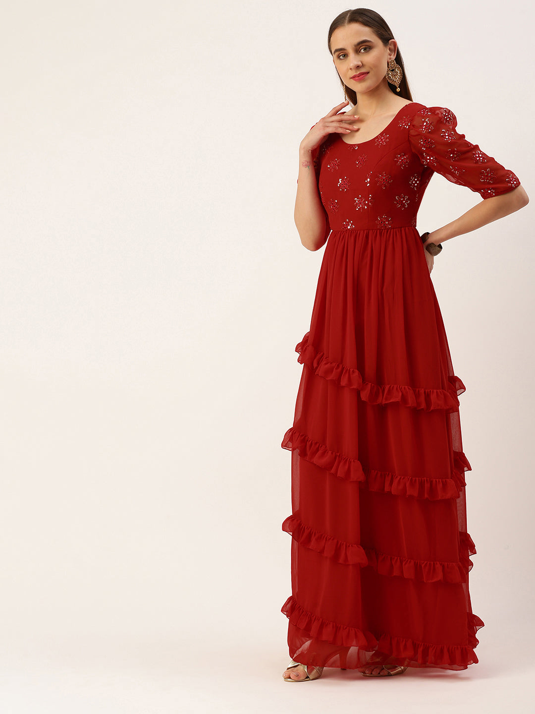 Red Georgette Embroidered Maxi Dress
