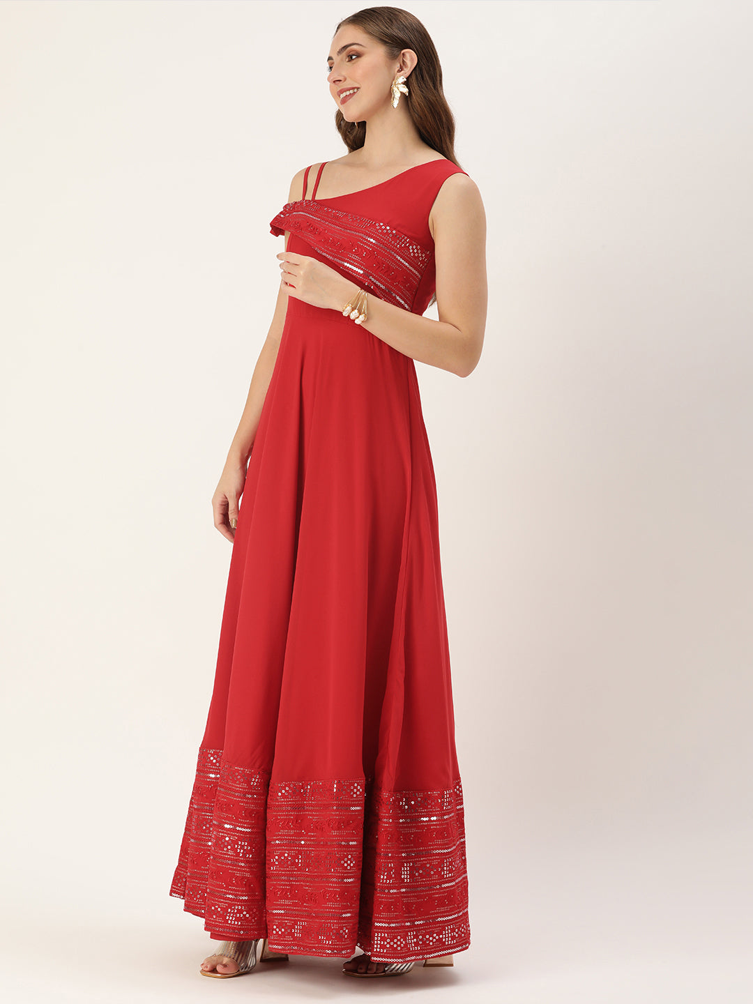 Red Georgette Embroidered Solid Straight Gown