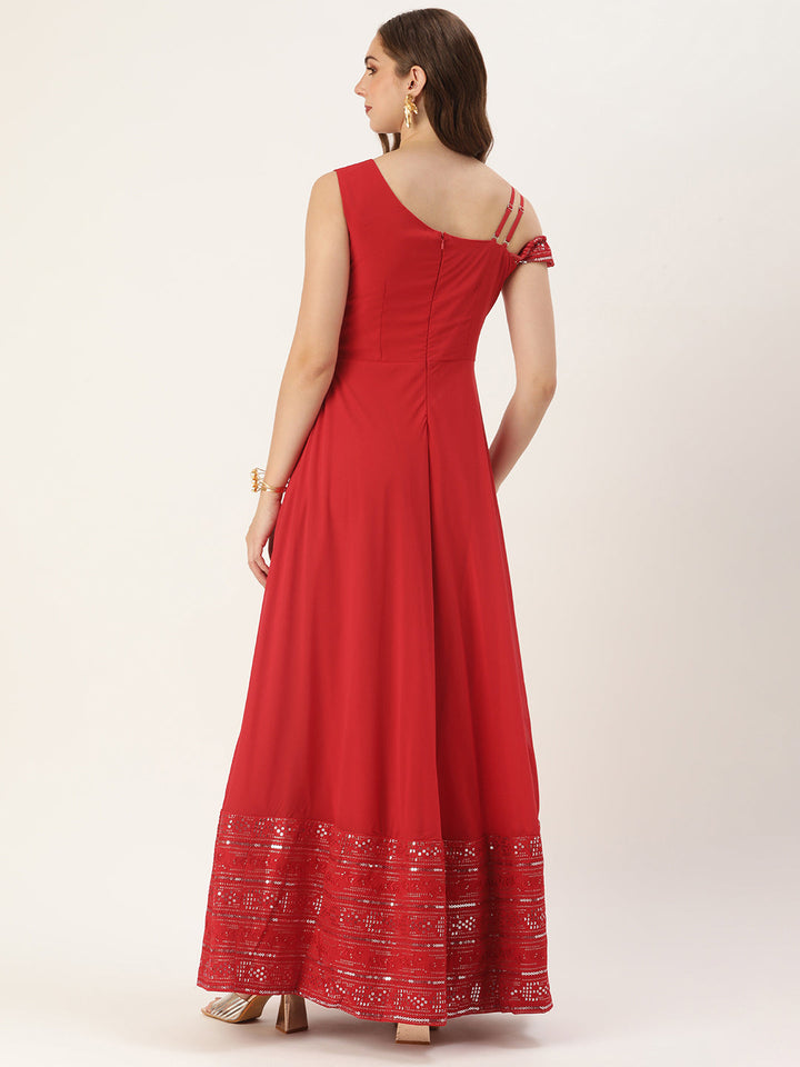 Red Georgette Embroidered Solid Straight Gown