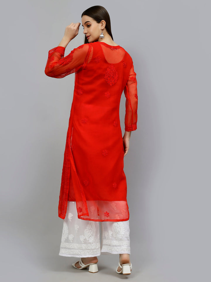 Red-Georgette-Hand-Embroidered-Chikankari-Kurta-with-Slip