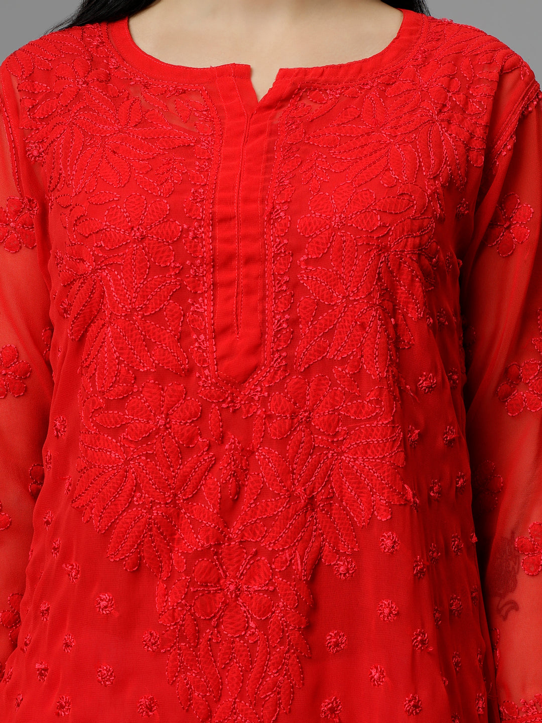 Red-Georgette-Hand-Embroidered-Chikankari-Kurti-with-Slip