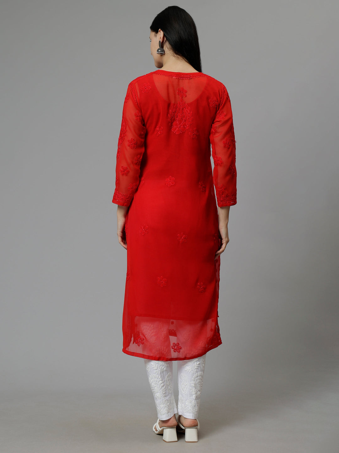 Red-Georgette-Hand-Embroidered-Chikankari-Kurti-with-Slip