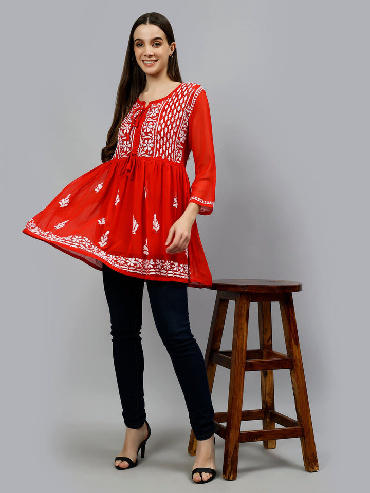 Red Georgette Lucknowi Chikankari Short Frock Top with Slip