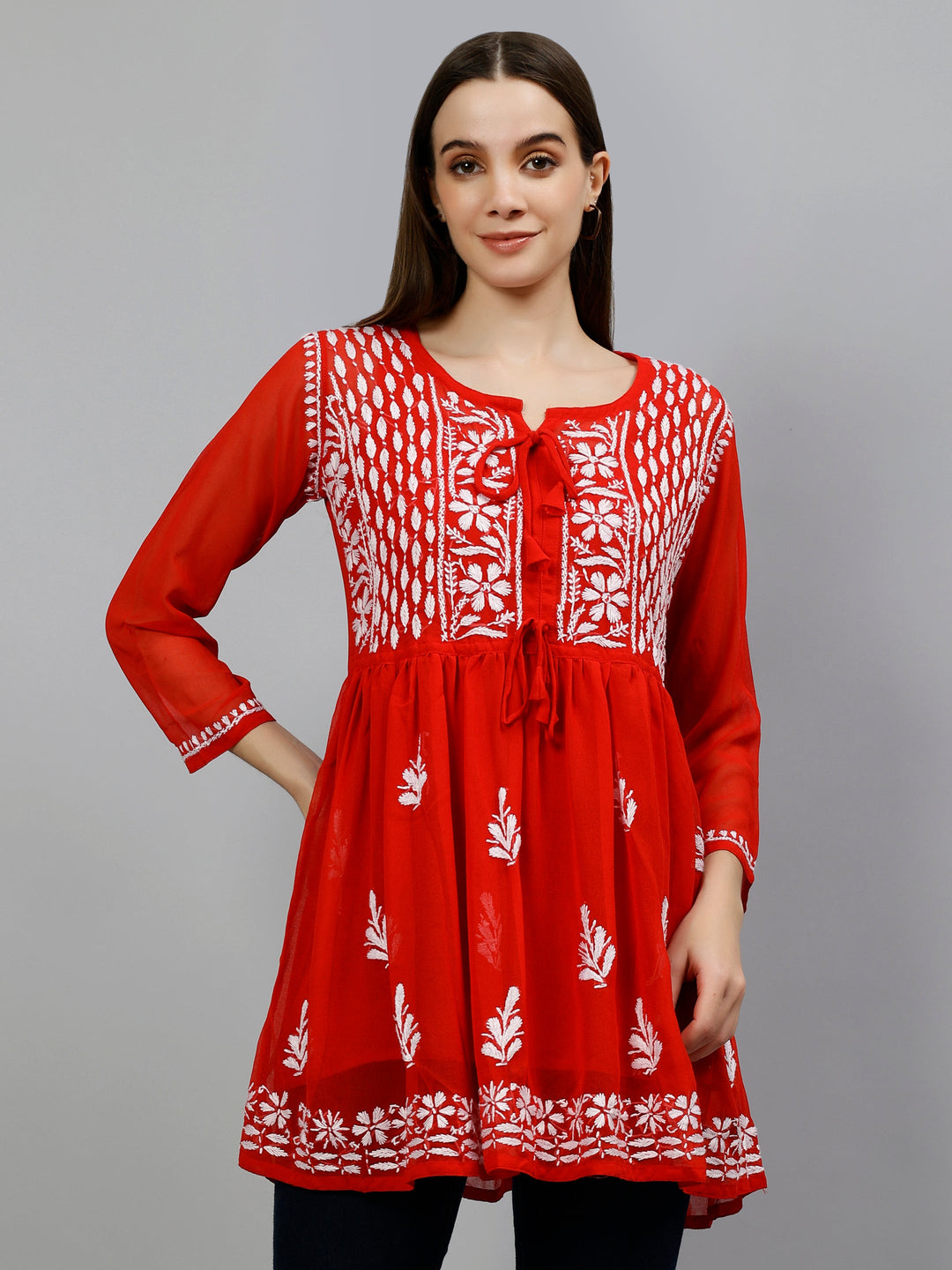 Red Georgette Lucknowi Chikankari Short Frock Top with Slip