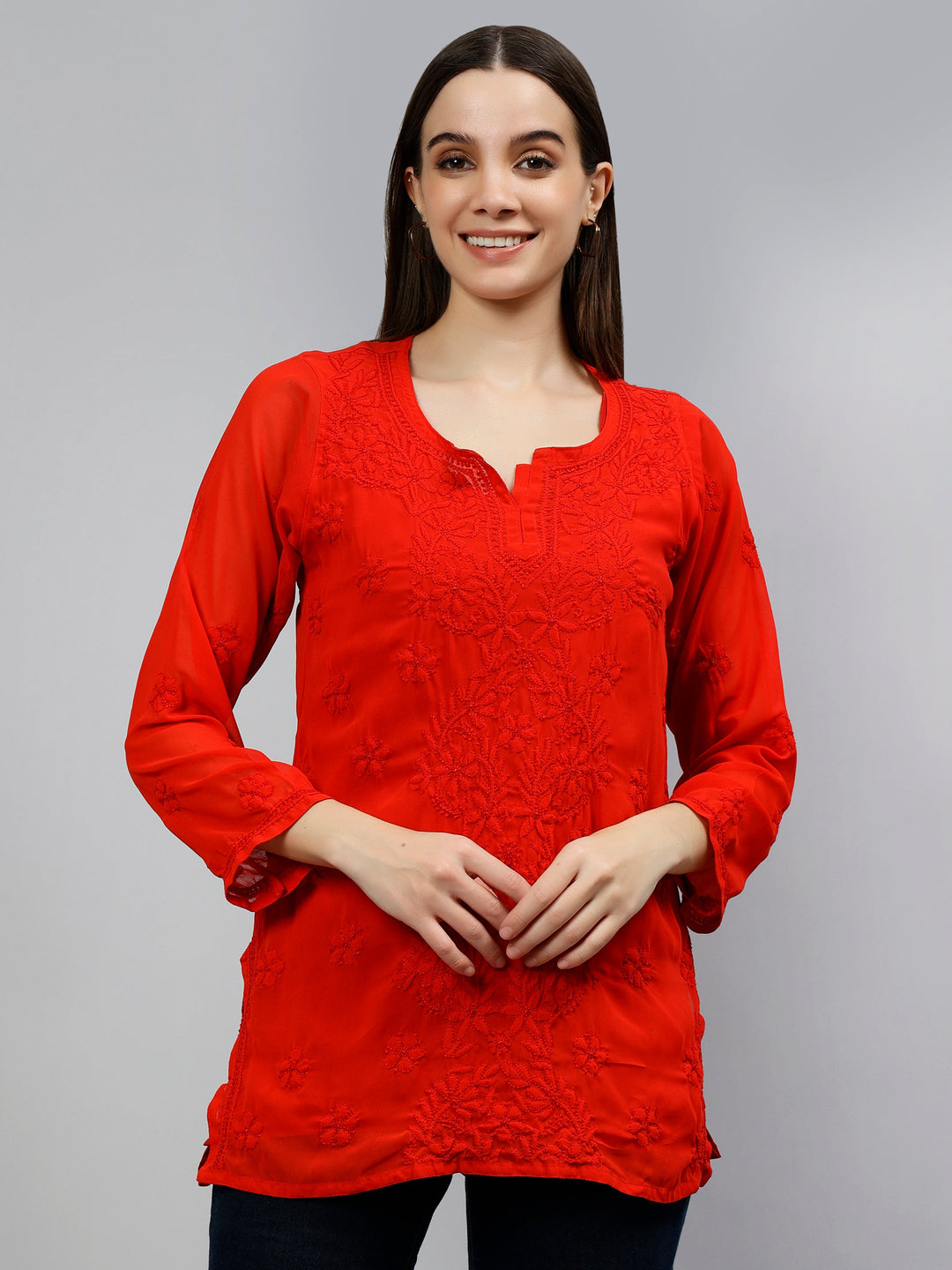 Red Georgette Lucknowi Chikankari Short Tunic with Slip