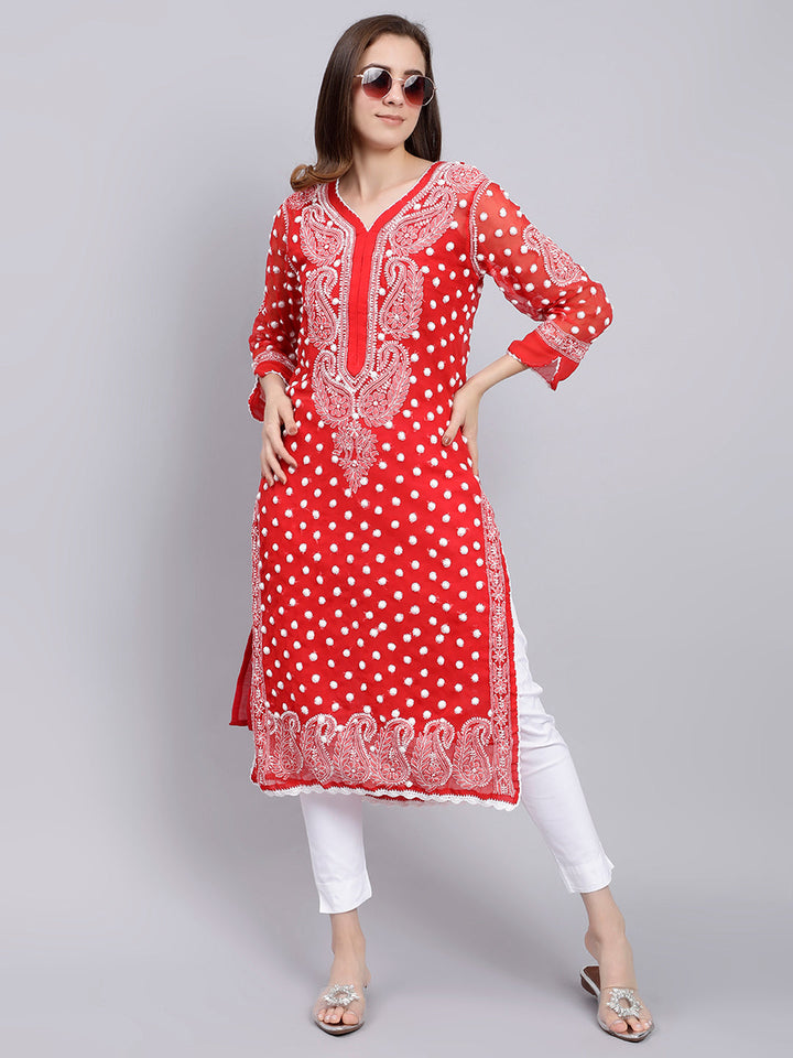 Red Georgette Polka Dot & Paisley Chikankari Kurti with Slip