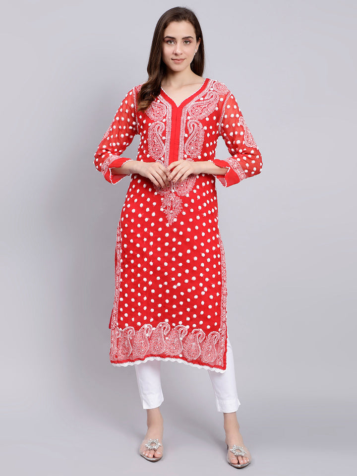 Red Georgette Polka Dot & Paisley Chikankari Kurti with Slip