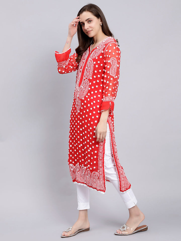 Red Georgette Polka Dot & Paisley Chikankari Kurti with Slip