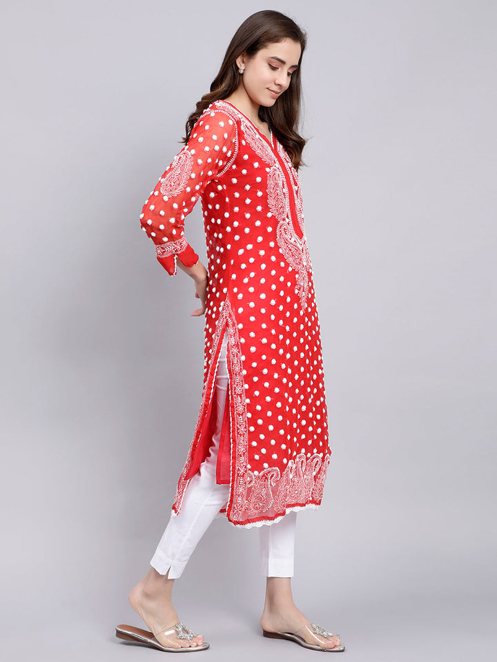 Red Georgette Polka Dot & Paisley Chikankari Kurti with Slip