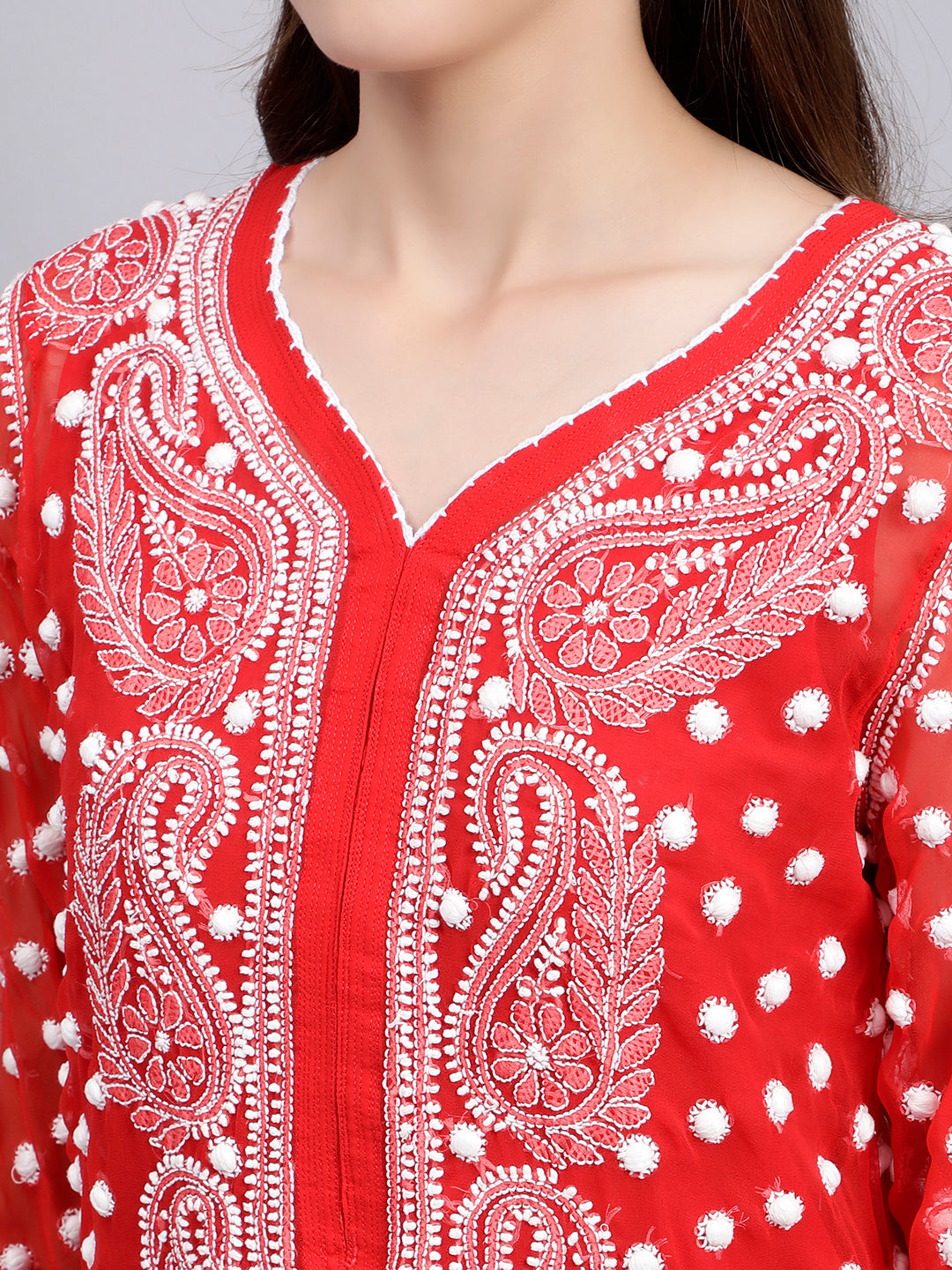 Red Georgette Polka Dot & Paisley Chikankari Kurti with Slip