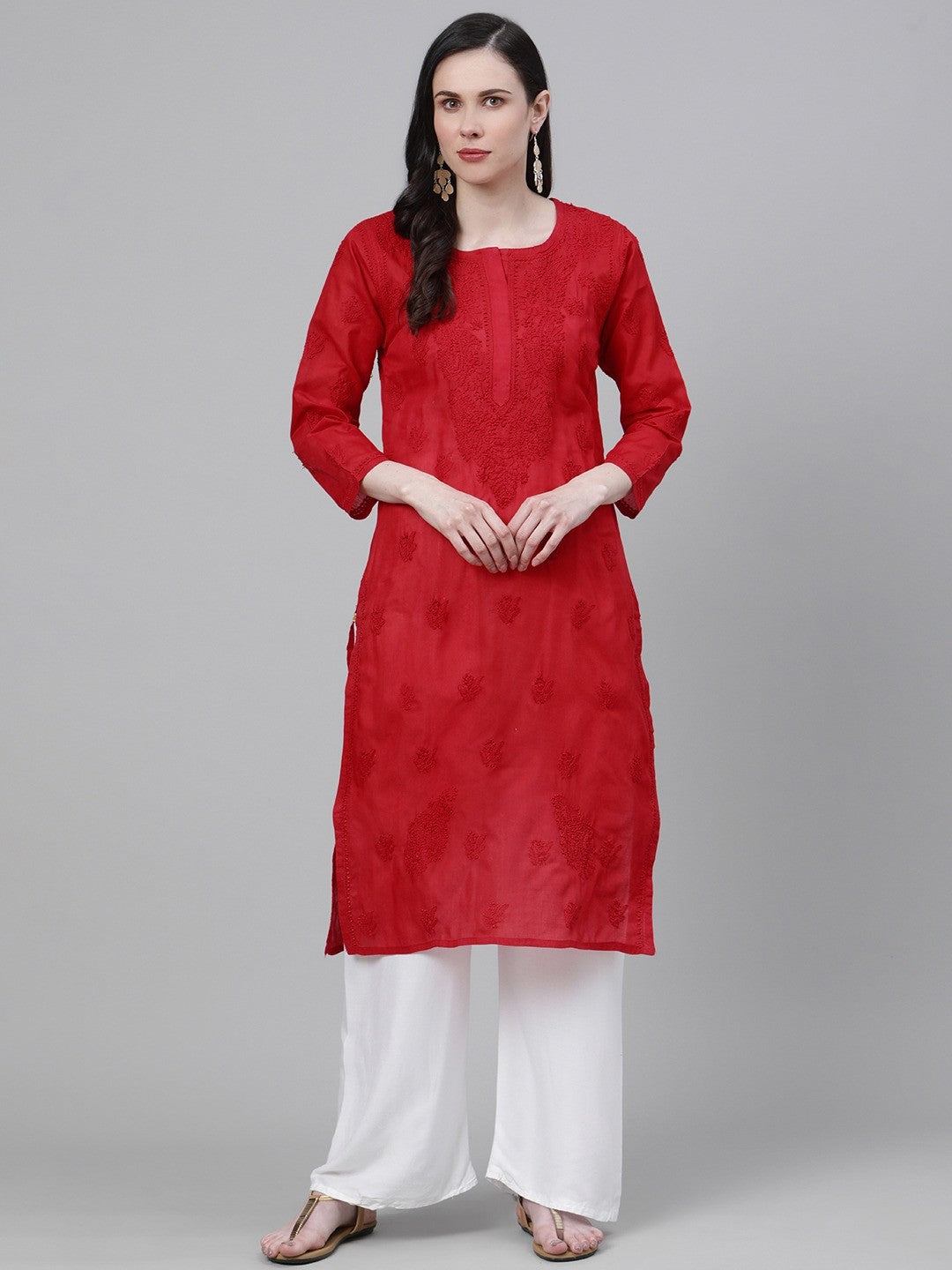Red-Hand-Embroidered-Chikan-Kurta