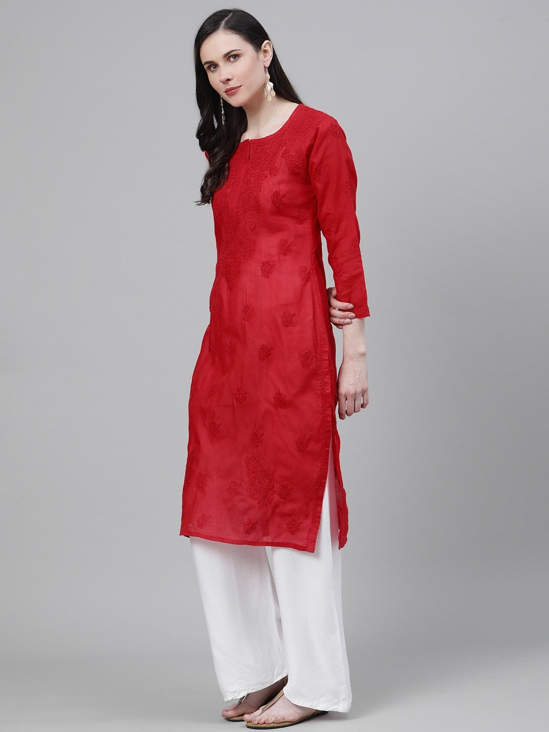 Red-Hand-Embroidered-Chikan-Kurta