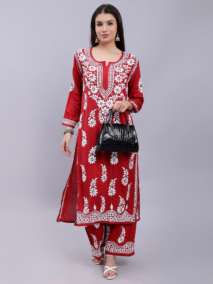 Red Modal Cotton Chikankari Kurta With Palazzo Set