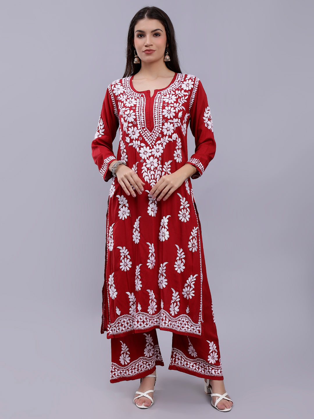 Red Modal Cotton Chikankari Kurta With Palazzo Set