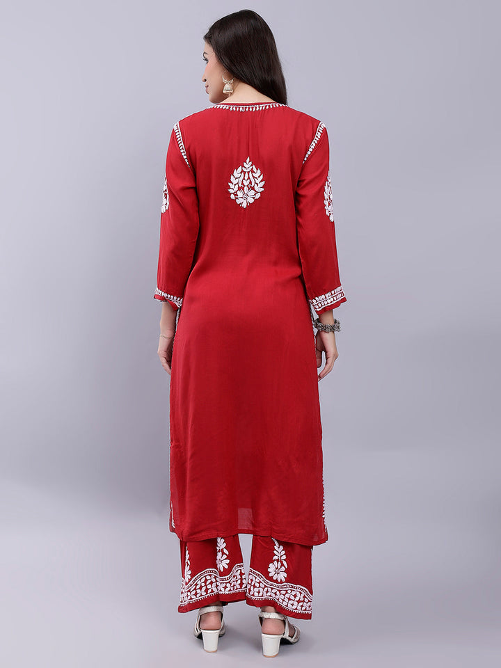 Red Modal Cotton Chikankari Kurta With Palazzo Set