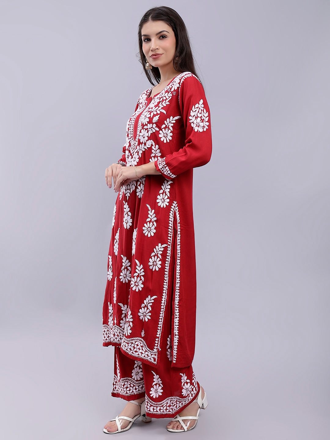 Red Modal Cotton Chikankari Kurta With Palazzo Set